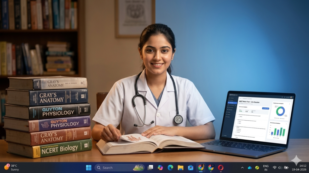 Abstract NEET 2026 Preparation Background – NTA Pattern OMR Sheet, Stethoscope, Syringe, and Stopwatch